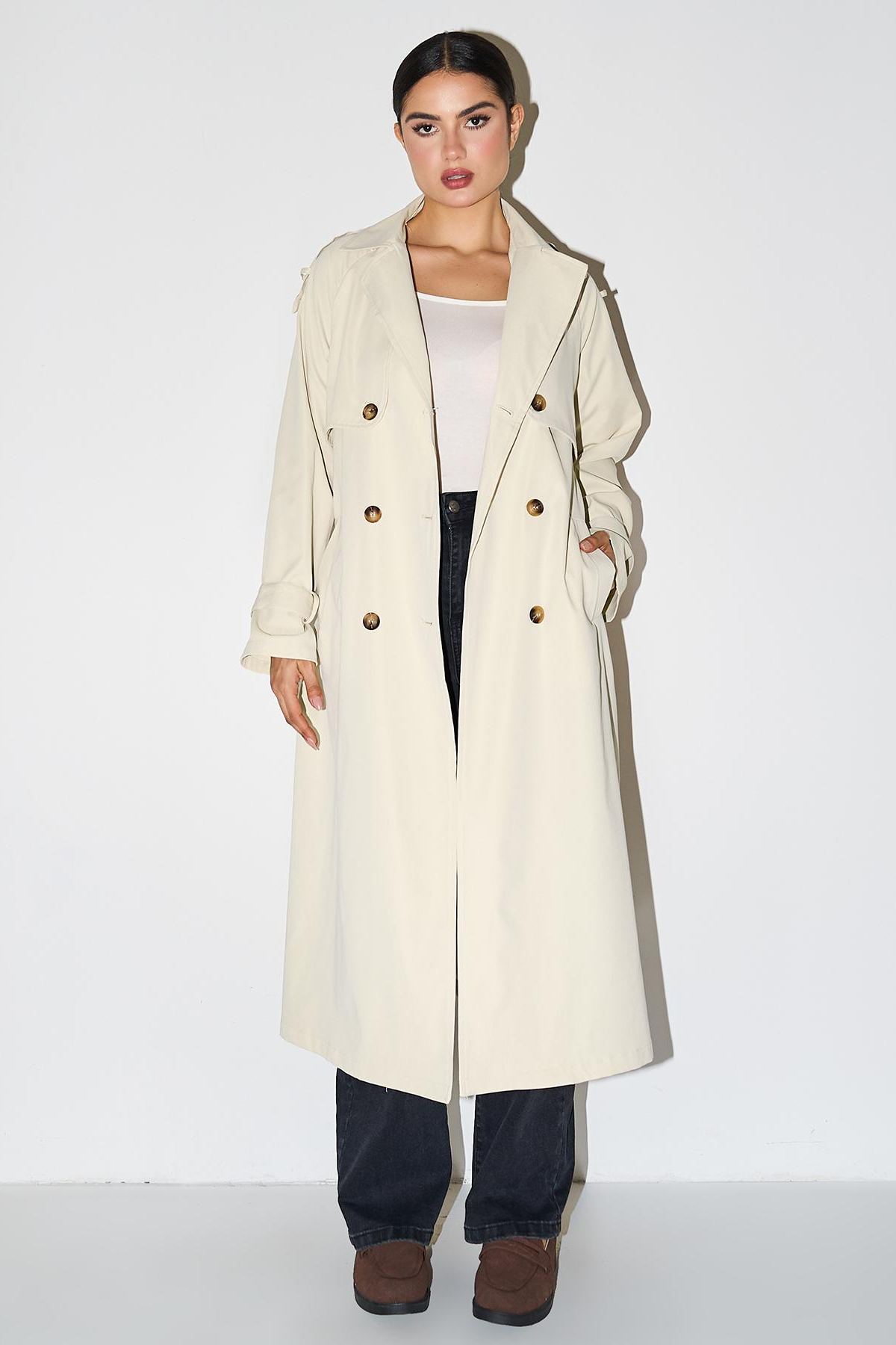 Classy Notch Lapel Double Breasted Belt Decor Trench Coat