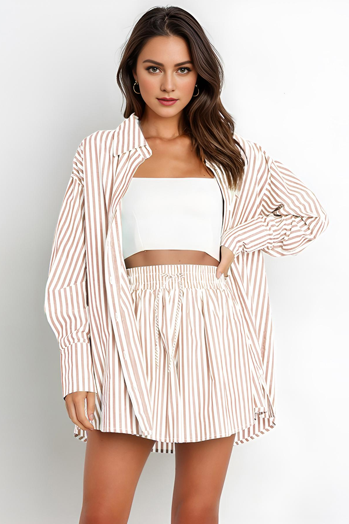 Casual Stripe Collared Button-Up Long Sleeve Shirt & Drawstring Waist Shorts Co-ord