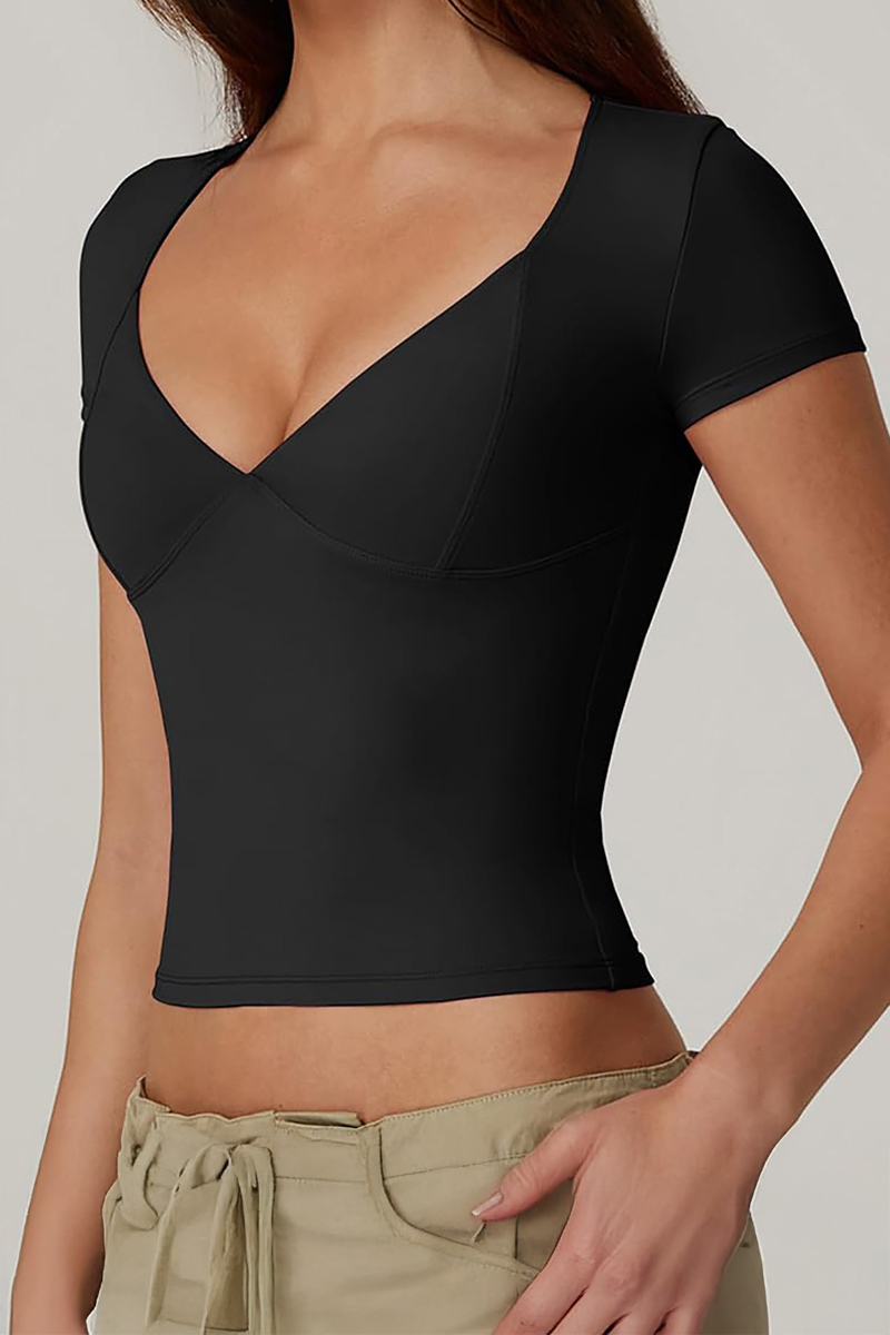 Classy Solid Color V Neck Short Sleeve Slim-Fitting Top
