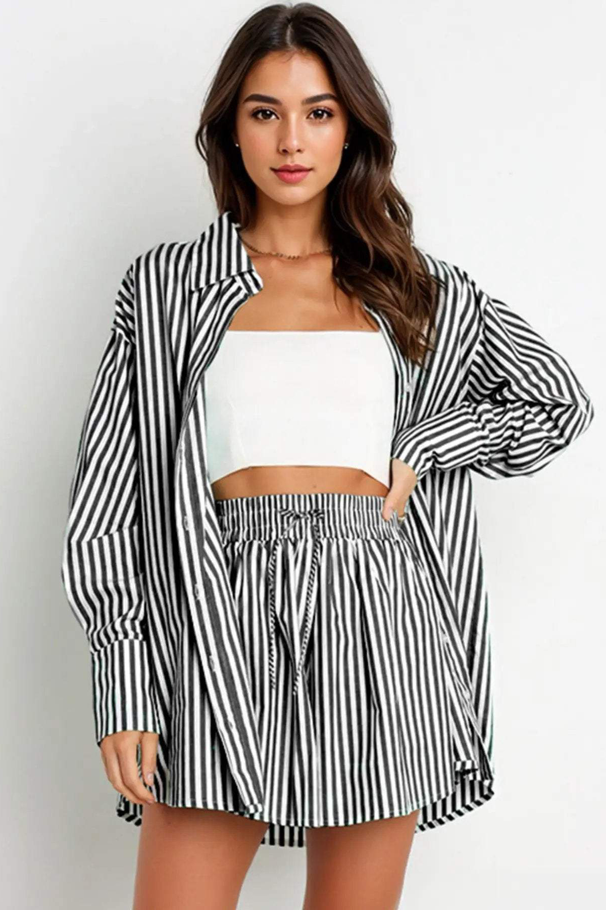 Casual Stripe Collared Button-Up Long Sleeve Shirt & Drawstring Waist 