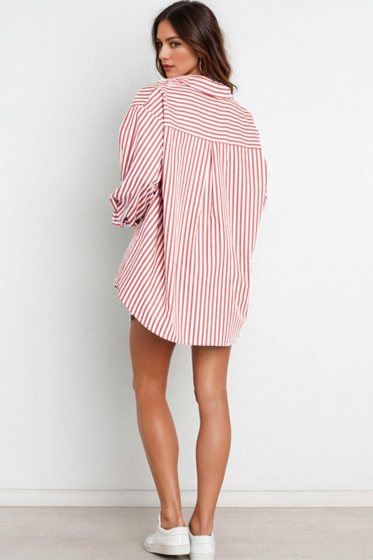 Casual Stripe Collared Button-Up Long Sleeve Shirt & Drawstring Waist Shorts Co-ord