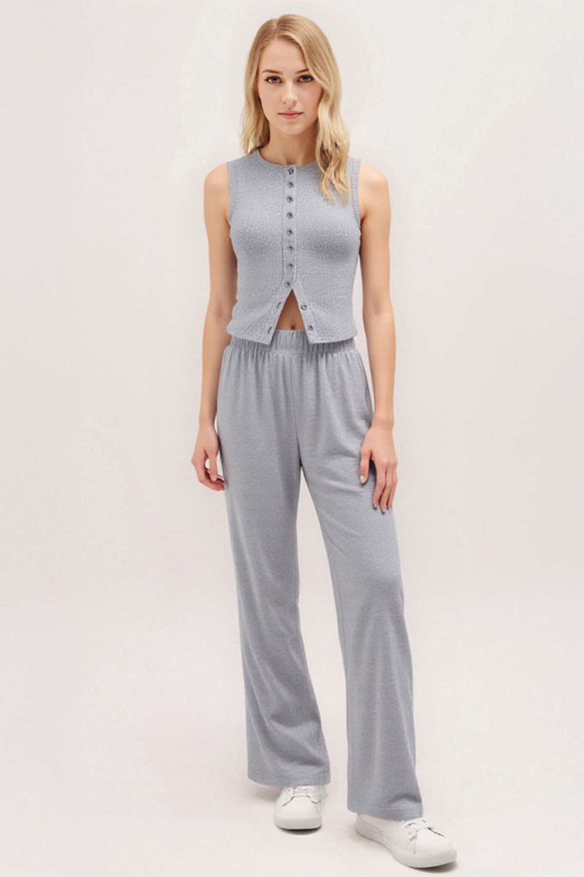 Leisure Round Neck Button Tank Top & Stretchy Trousers Co-ord