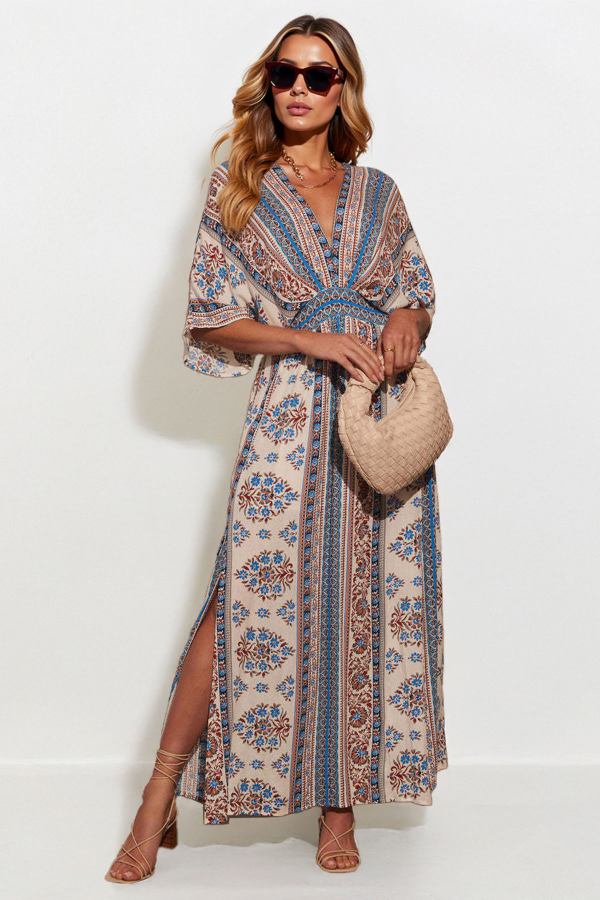 Classy Allover Print Batwing Sleeve Side Slit Maxi Dress