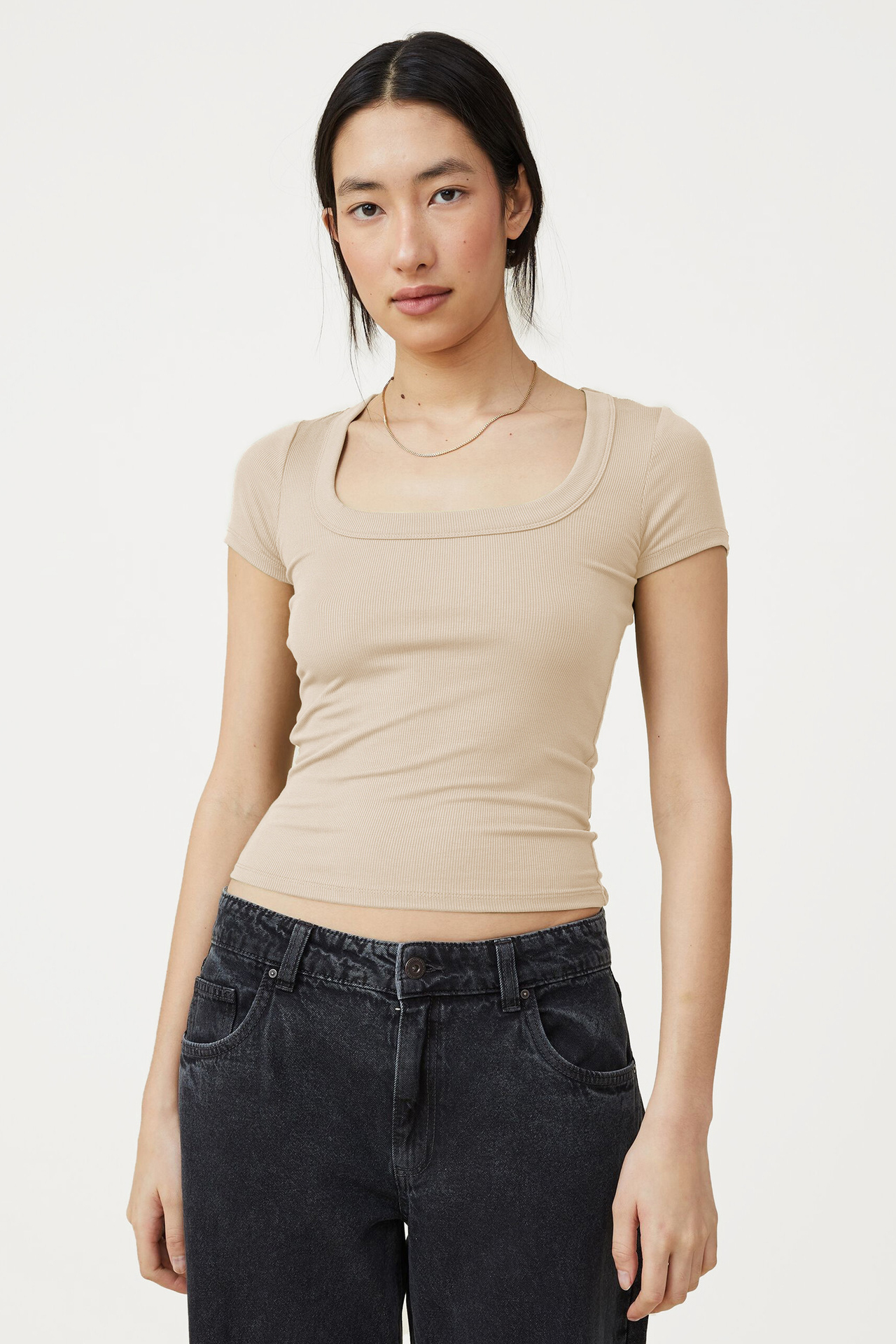 Basic Solid Color U Neck Short Sleeve Slim Top