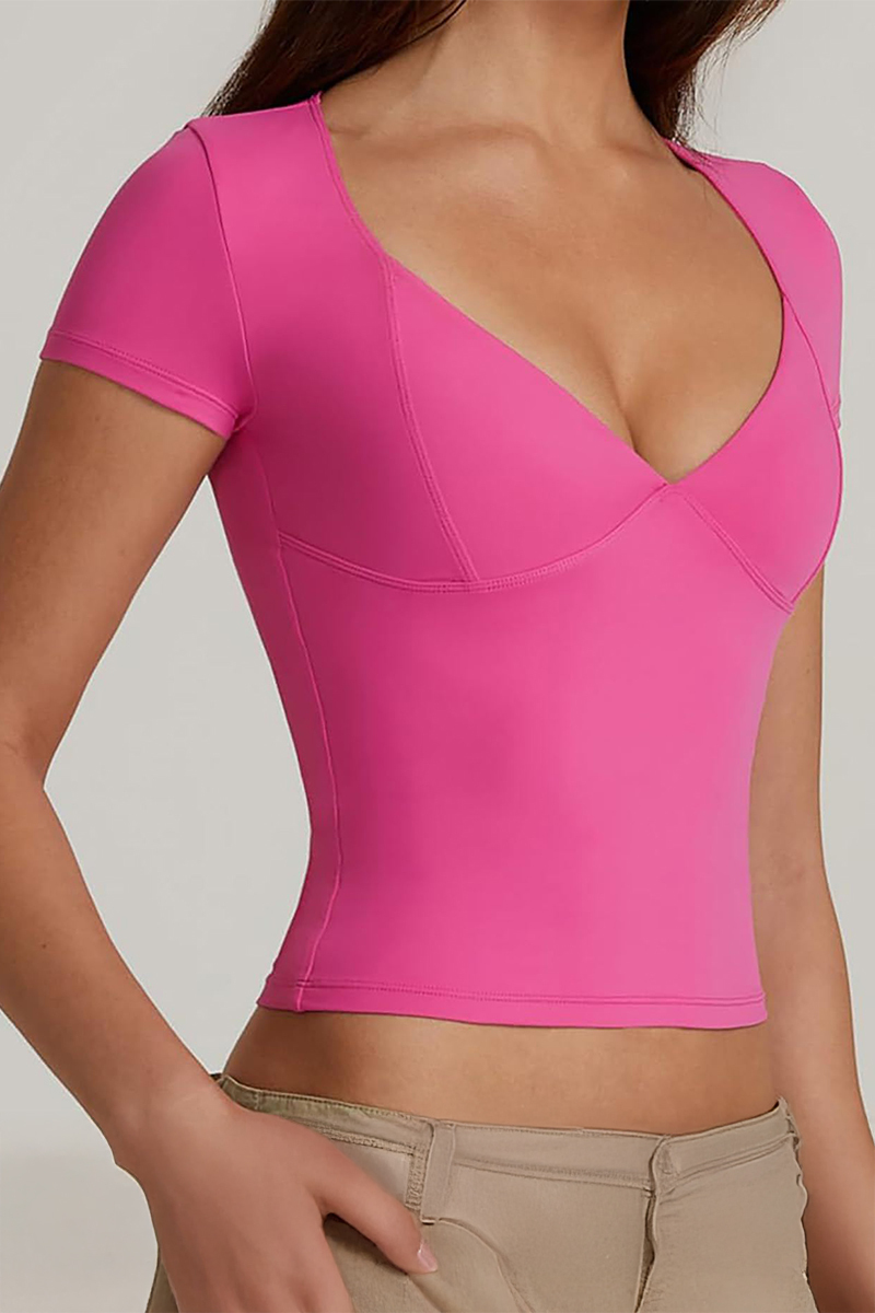 Classy Solid Color V Neck Short Sleeve Slim-Fitting Top