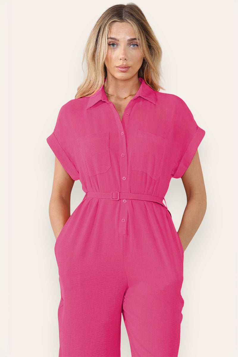 Collared Neck Partial Button Jumpsuit With Matching Belt