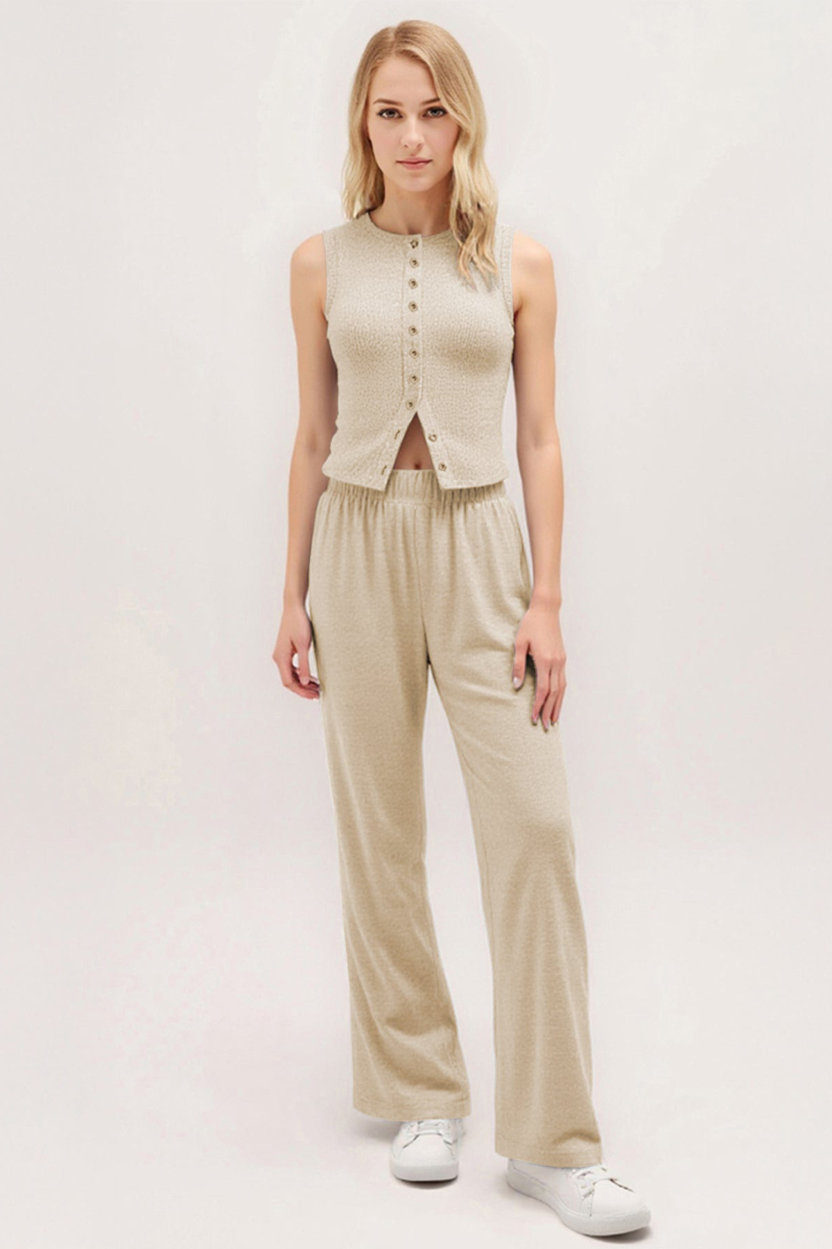 Leisure Round Neck Button Tank Top & Stretchy Trousers Co-ord