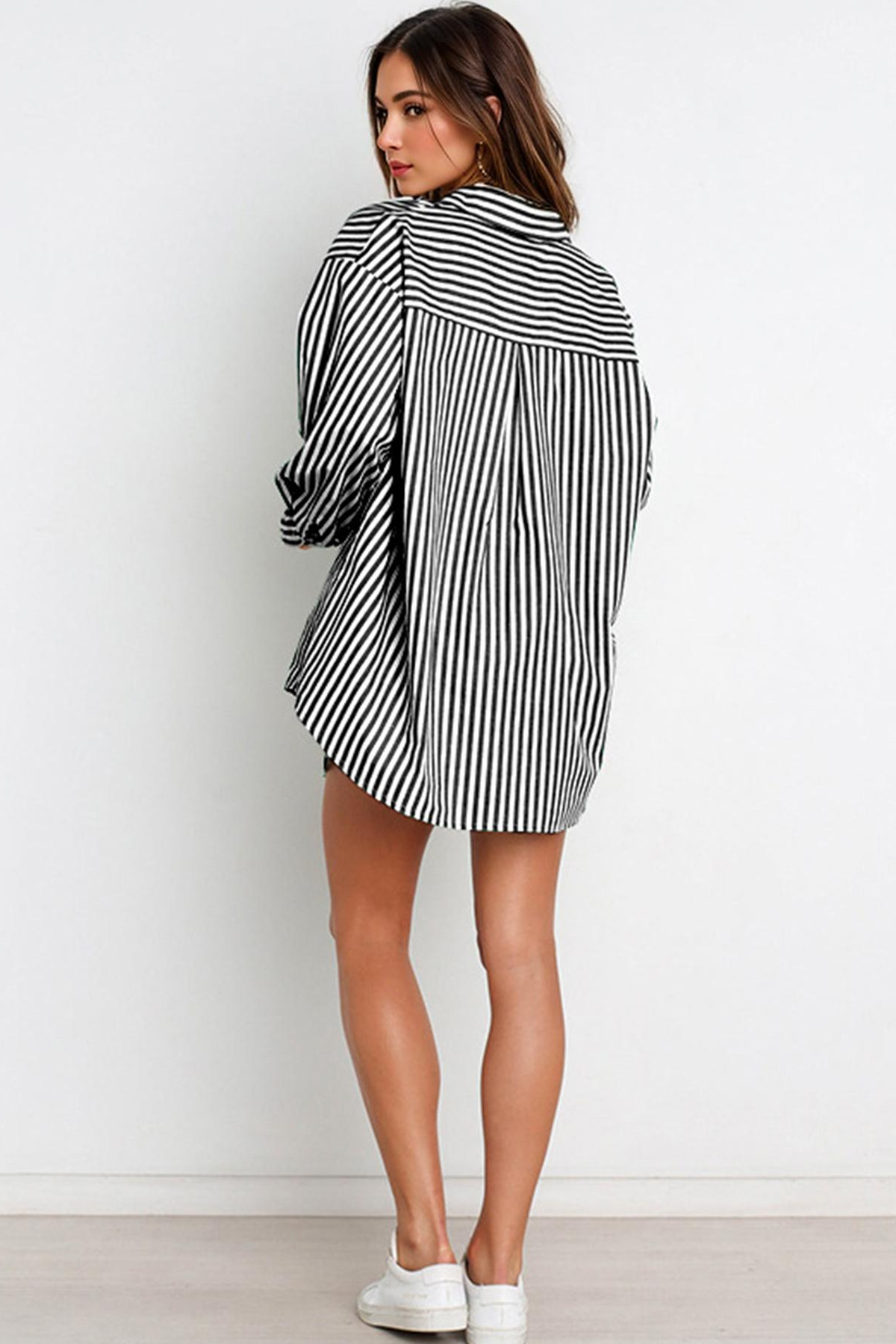 Casual Stripe Collared Button-Up Long Sleeve Shirt & Drawstring Waist Shorts Co-ord