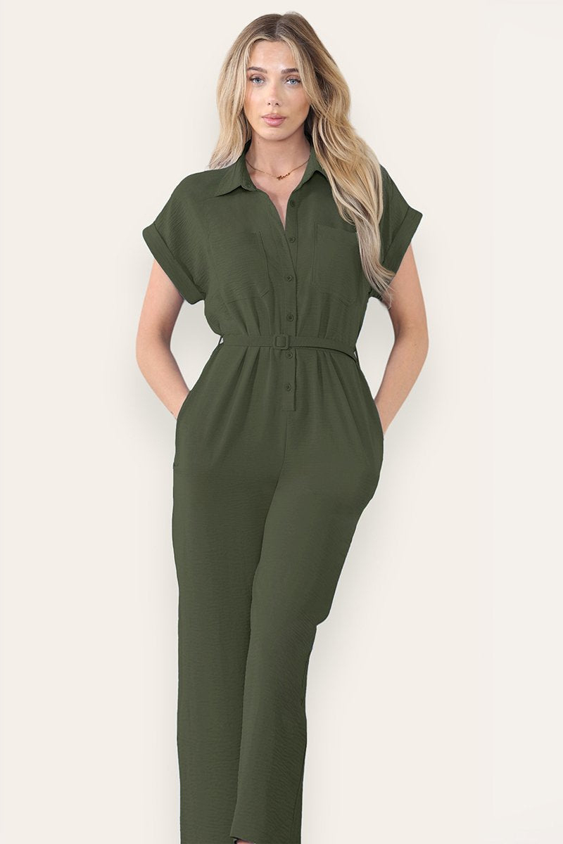 Collared Neck Partial Button Jumpsuit With Matching Belt