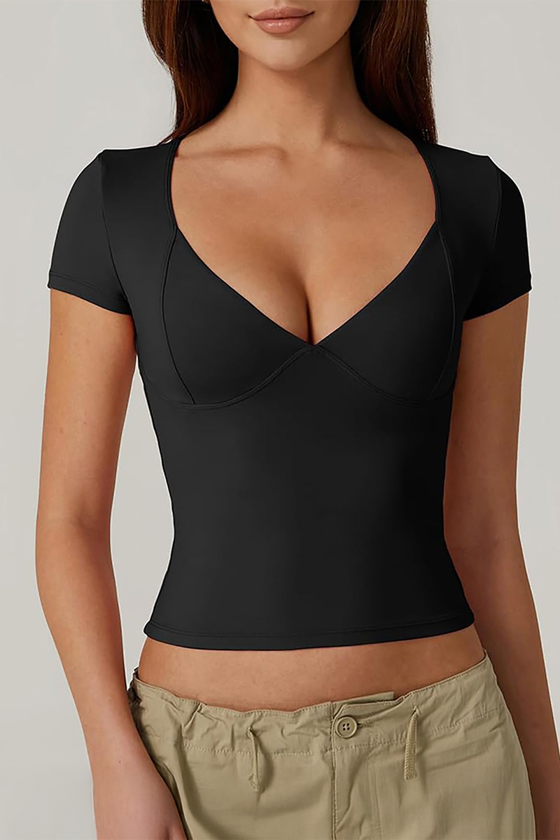 Classy Solid Color V Neck Short Sleeve Slim-Fitting Top