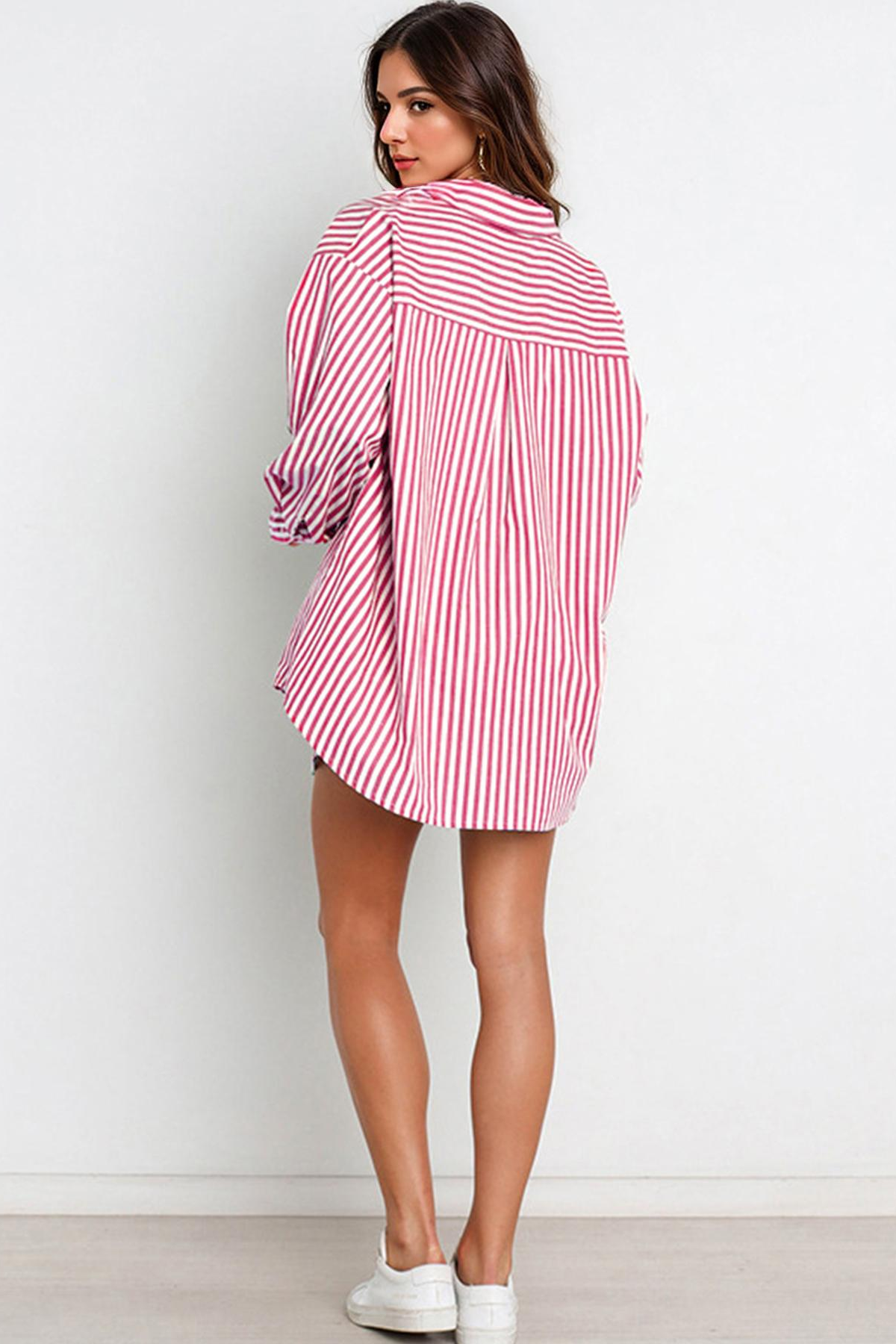 Casual Stripe Collared Button-Up Long Sleeve Shirt & Drawstring Waist Shorts Co-ord