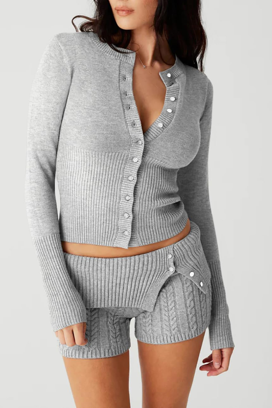 Elegant Round Neck Long Sleeve Button-Up Knit Cardigan