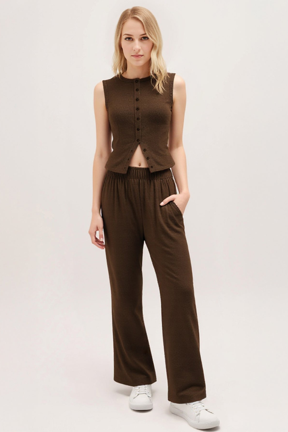 Leisure Round Neck Button Tank Top & Stretchy Trousers Co-ord