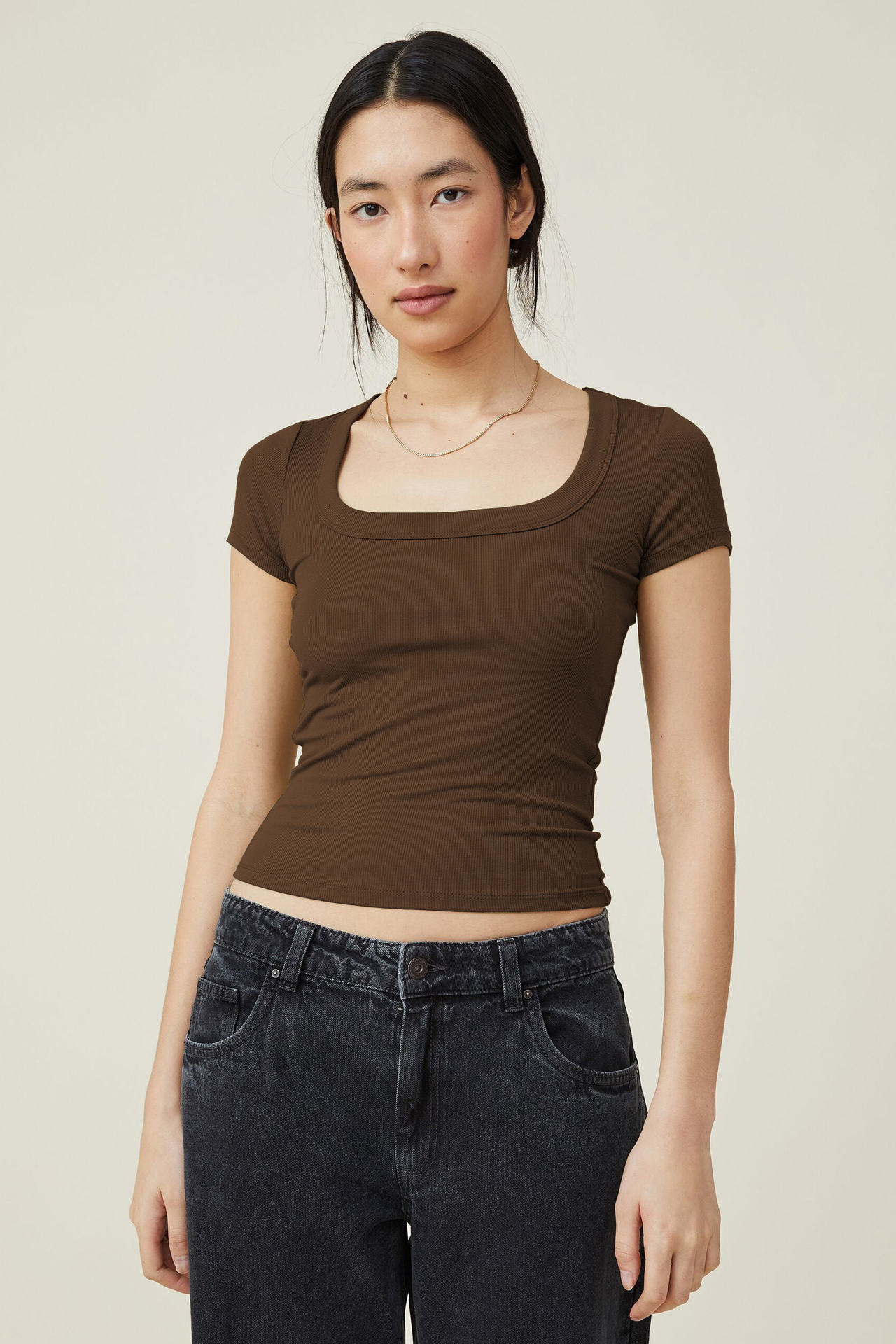 Basic Solid Color U Neck Short Sleeve Slim Top