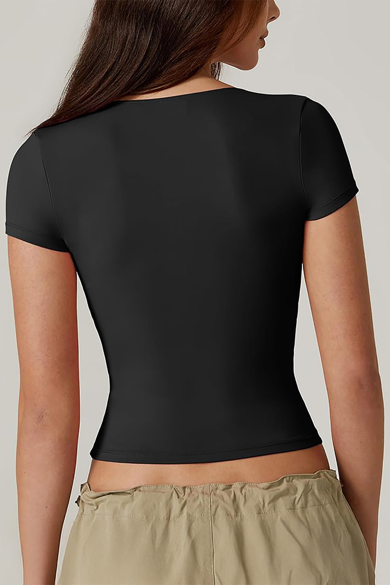 Classy Solid Color V Neck Short Sleeve Slim-Fitting Top