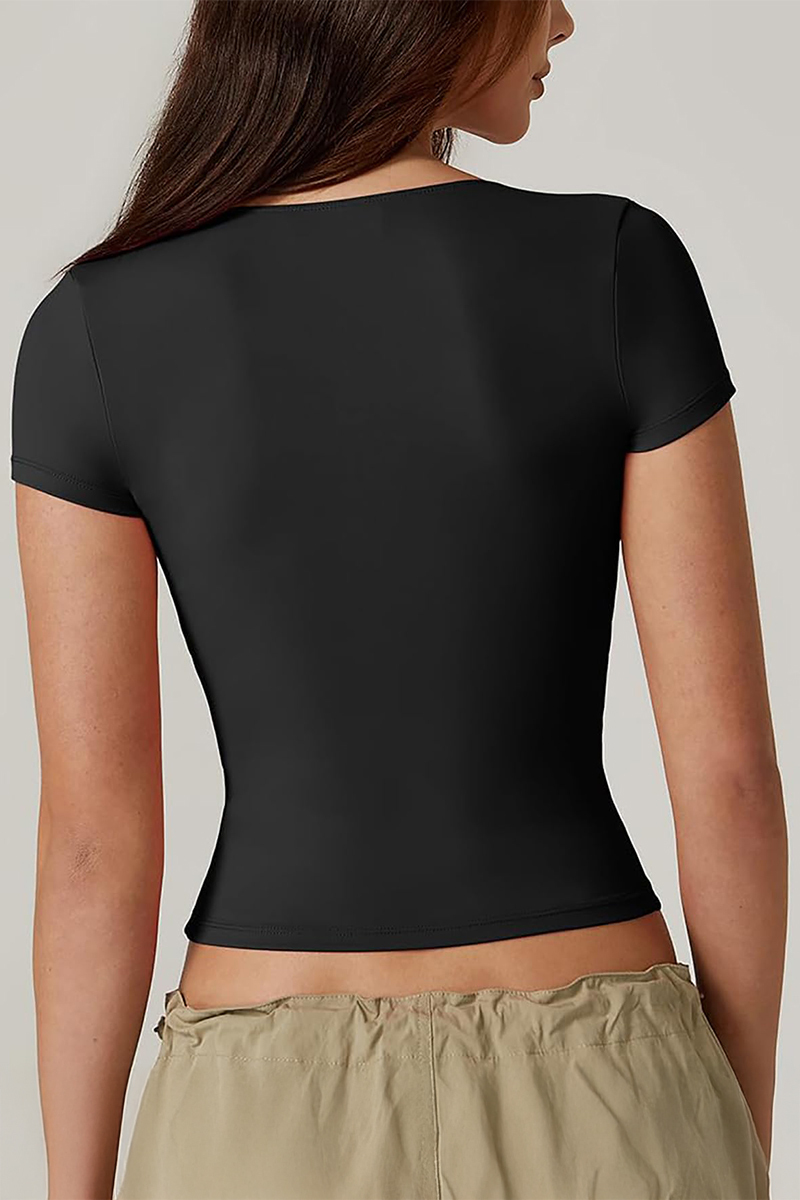 Classy Solid Color V Neck Short Sleeve Slim-Fitting Top