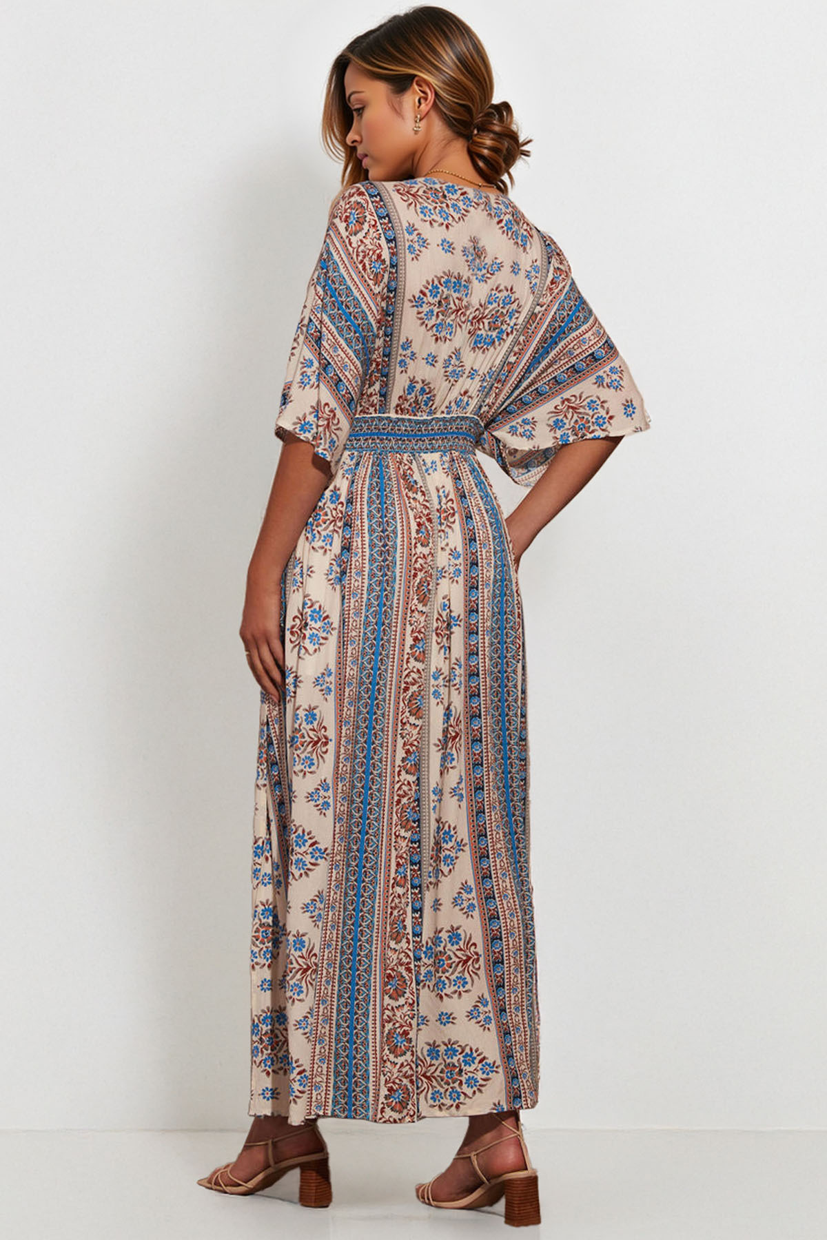 Classy Allover Print Batwing Sleeve Side Slit Maxi Dress