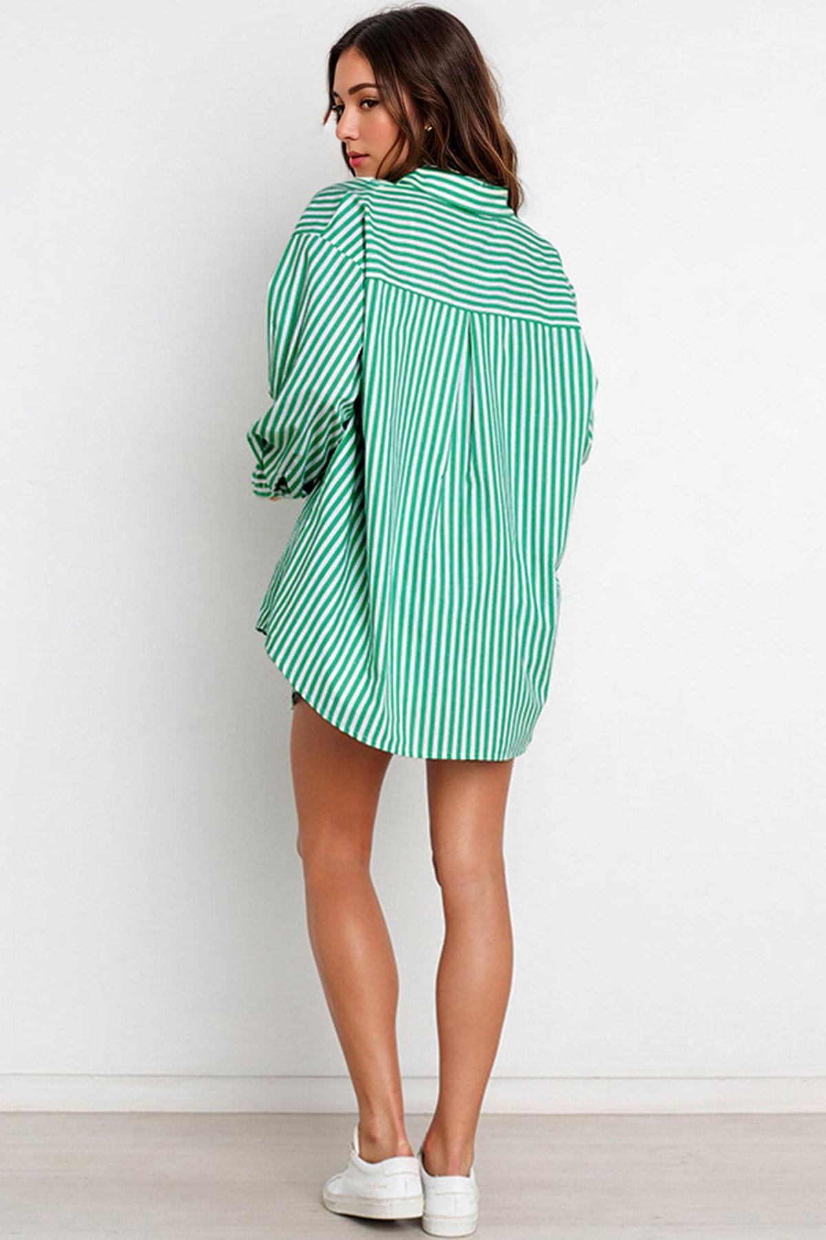 Casual Stripe Collared Button-Up Long Sleeve Shirt & Drawstring Waist Shorts Co-ord