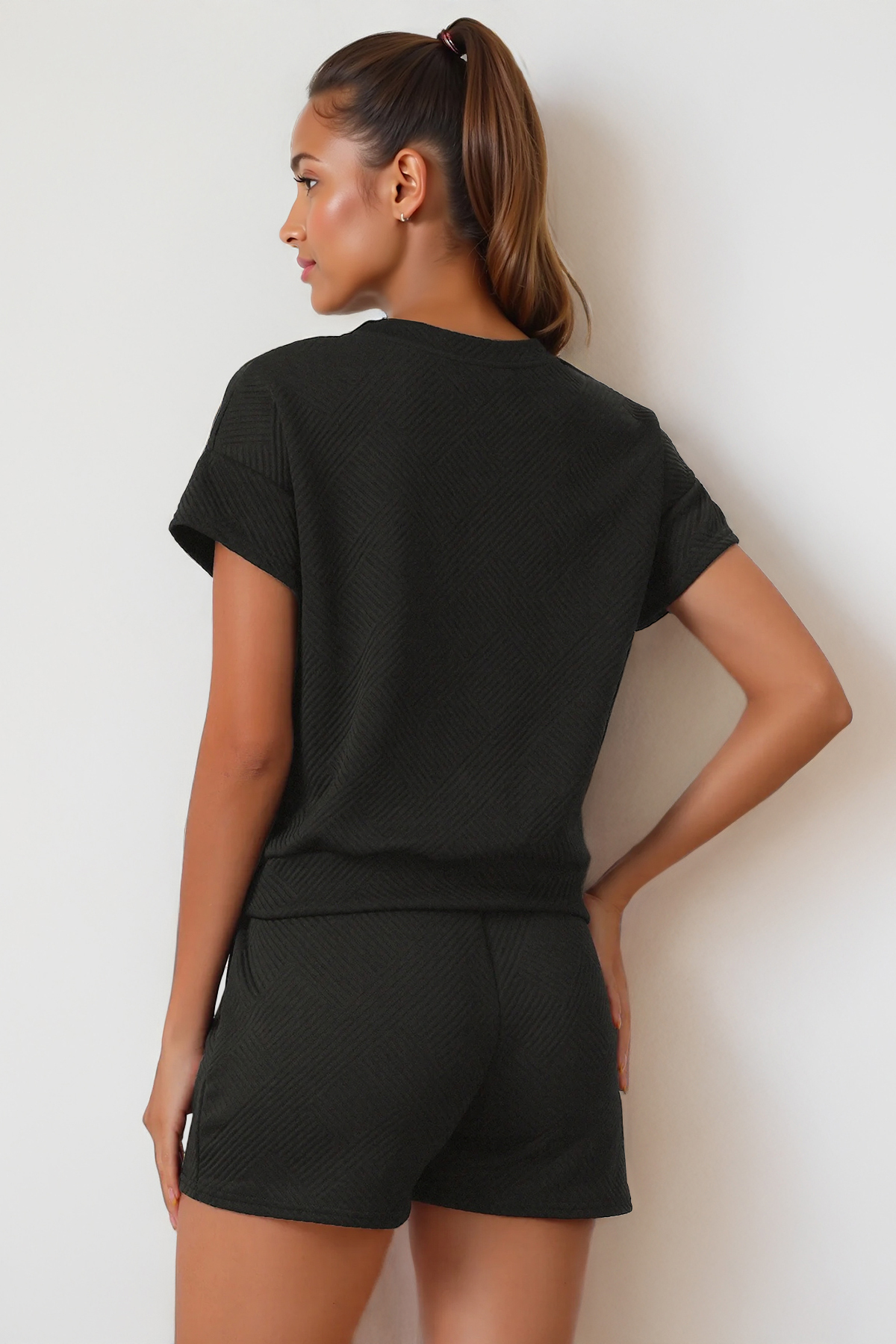 Leisure Textured Short Sleeve Loose Top & Drawstring Shorts Co-ord