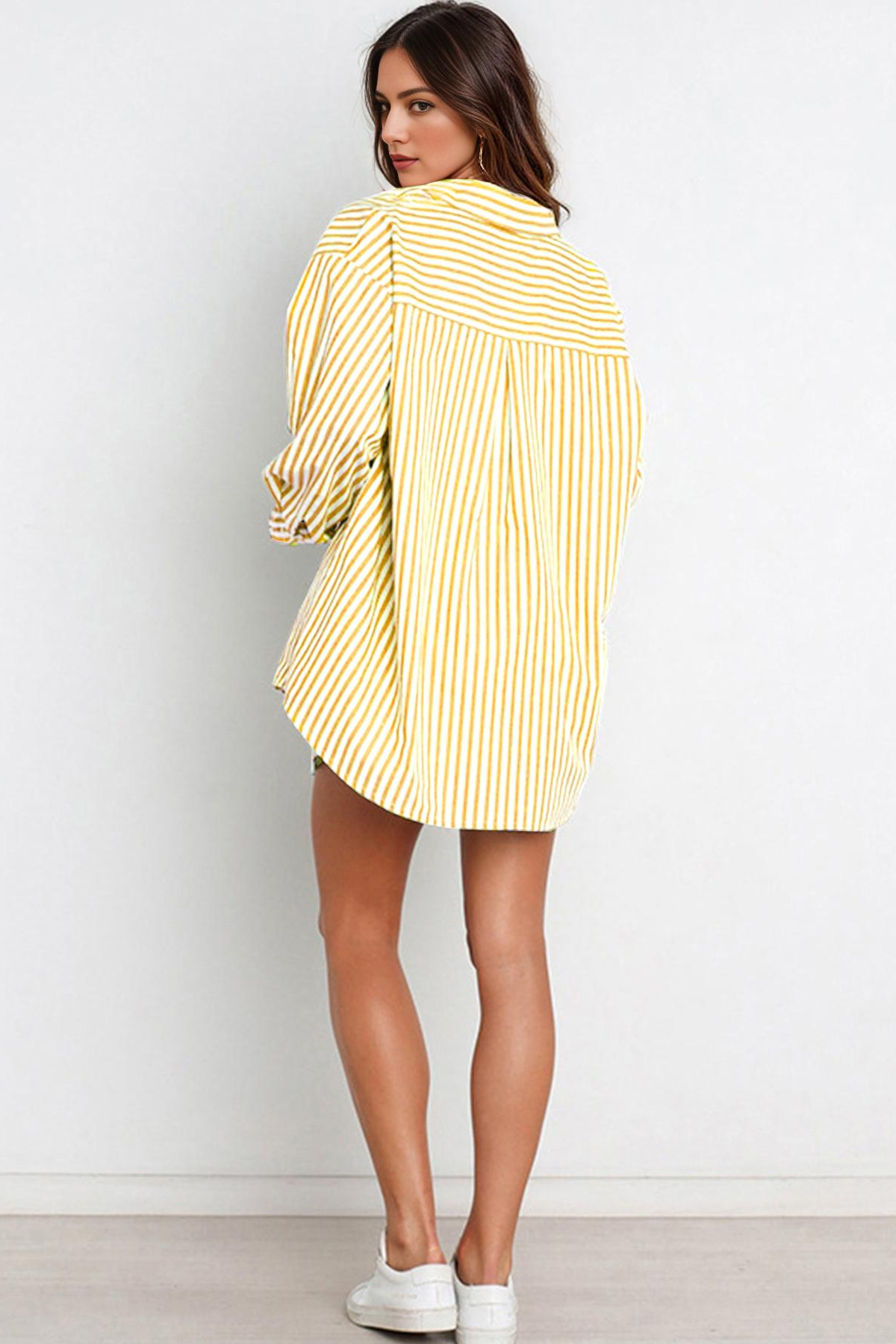 Casual Stripe Collared Button-Up Long Sleeve Shirt & Drawstring Waist Shorts Co-ord
