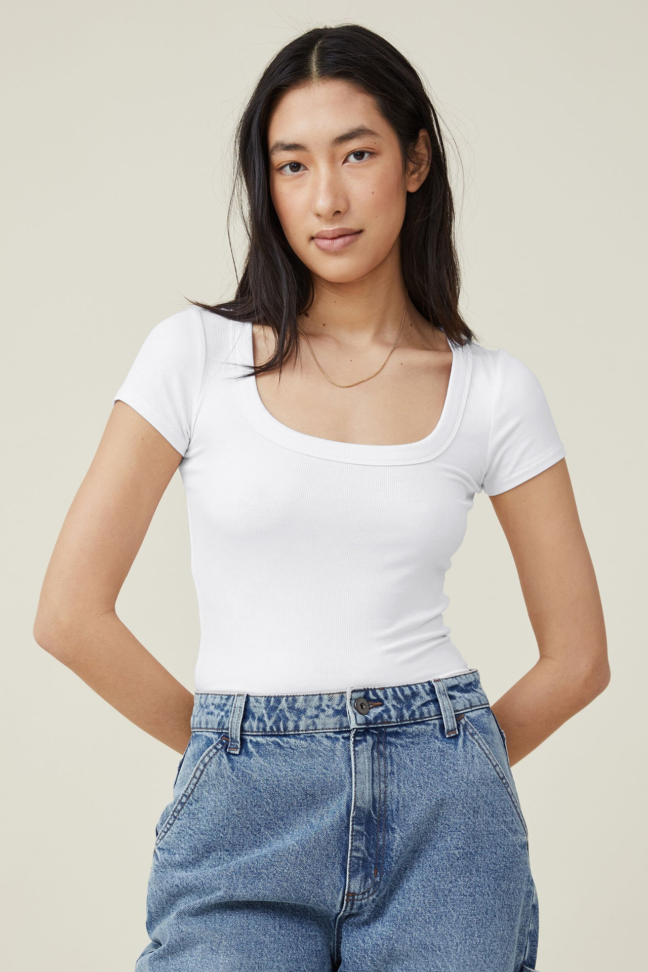 Basic Solid Color U Neck Short Sleeve Slim Top