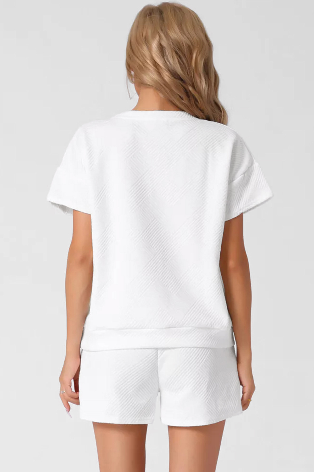 Leisure Textured Short Sleeve Loose Top & Drawstring Shorts Co-ord