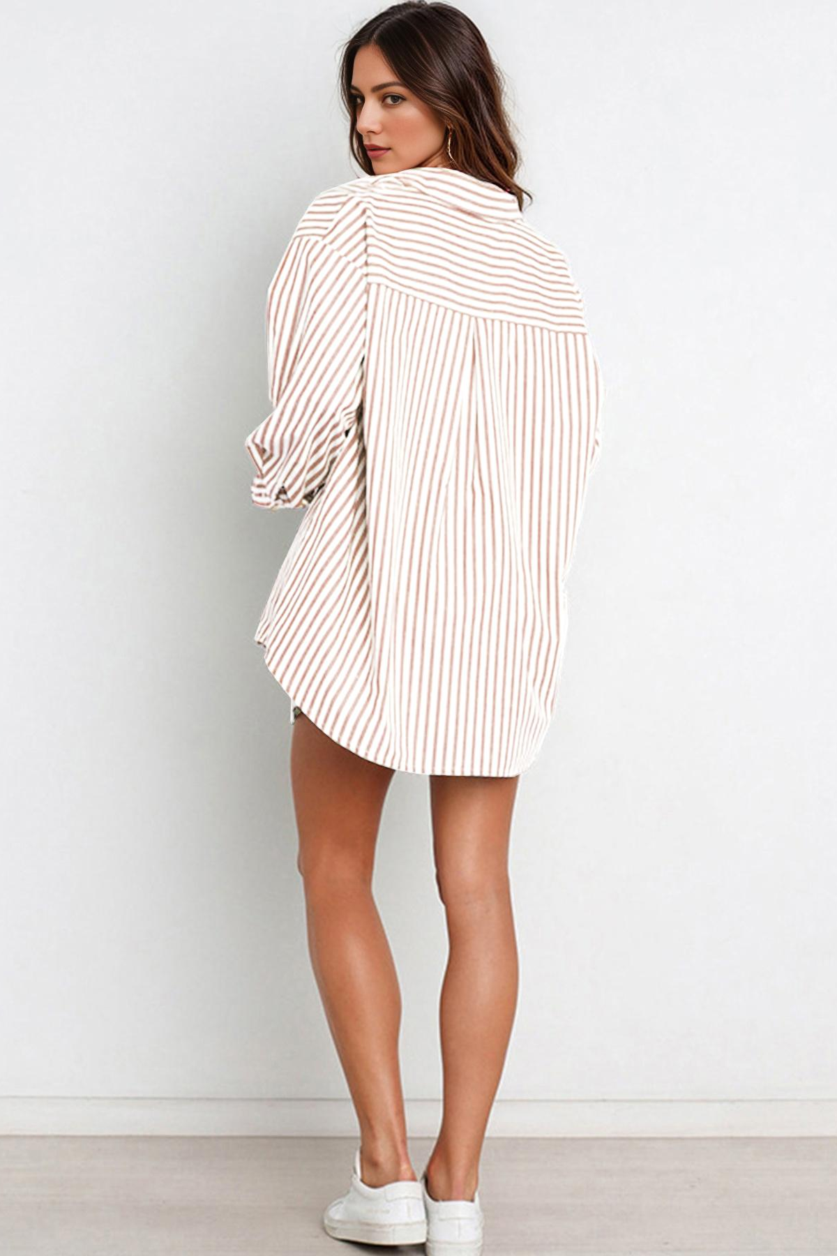Casual Stripe Collared Button-Up Long Sleeve Shirt & Drawstring Waist Shorts Co-ord