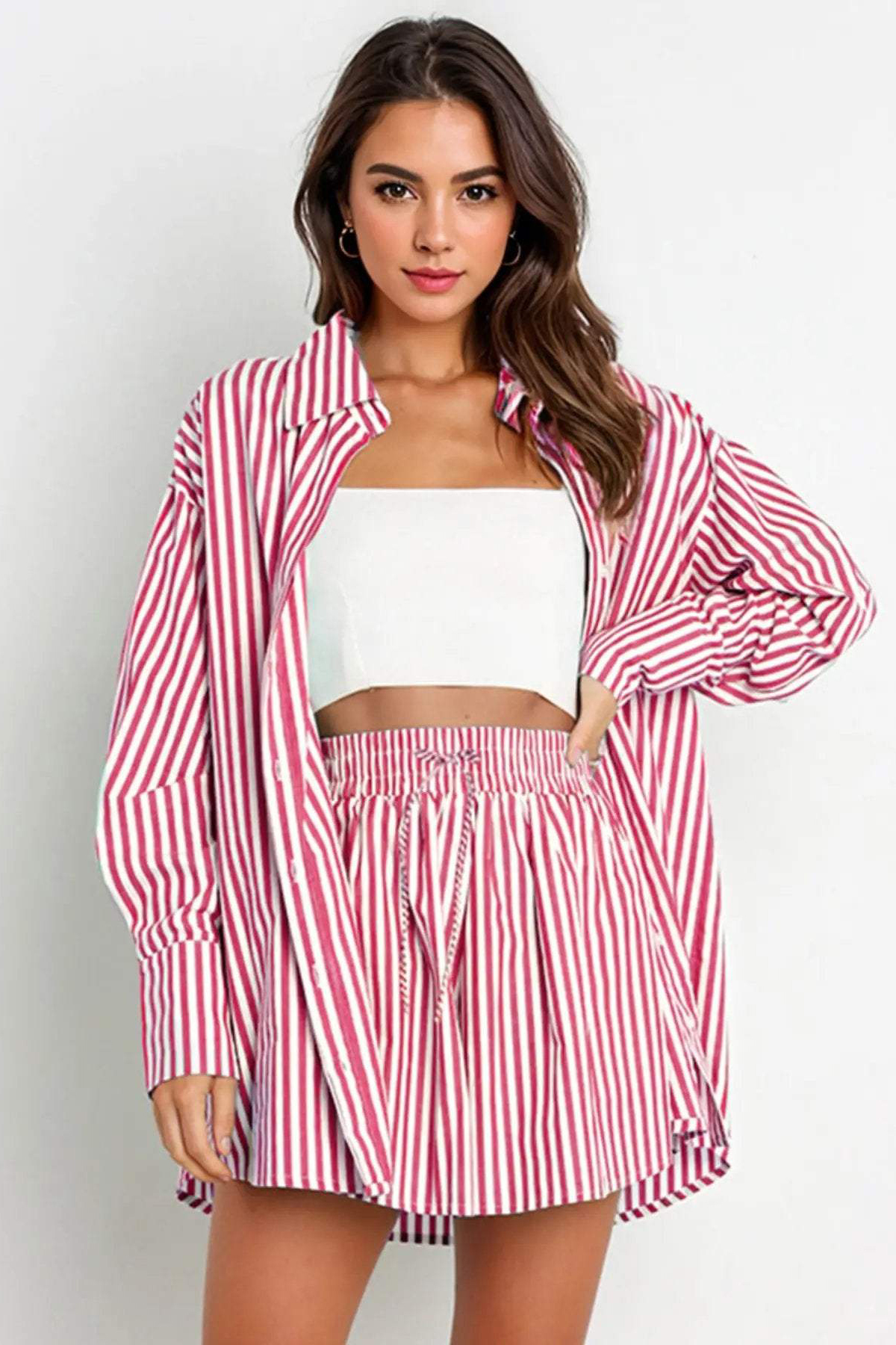 Casual Stripe Collared Button-Up Long Sleeve Shirt & Drawstring Waist Shorts Co-ord