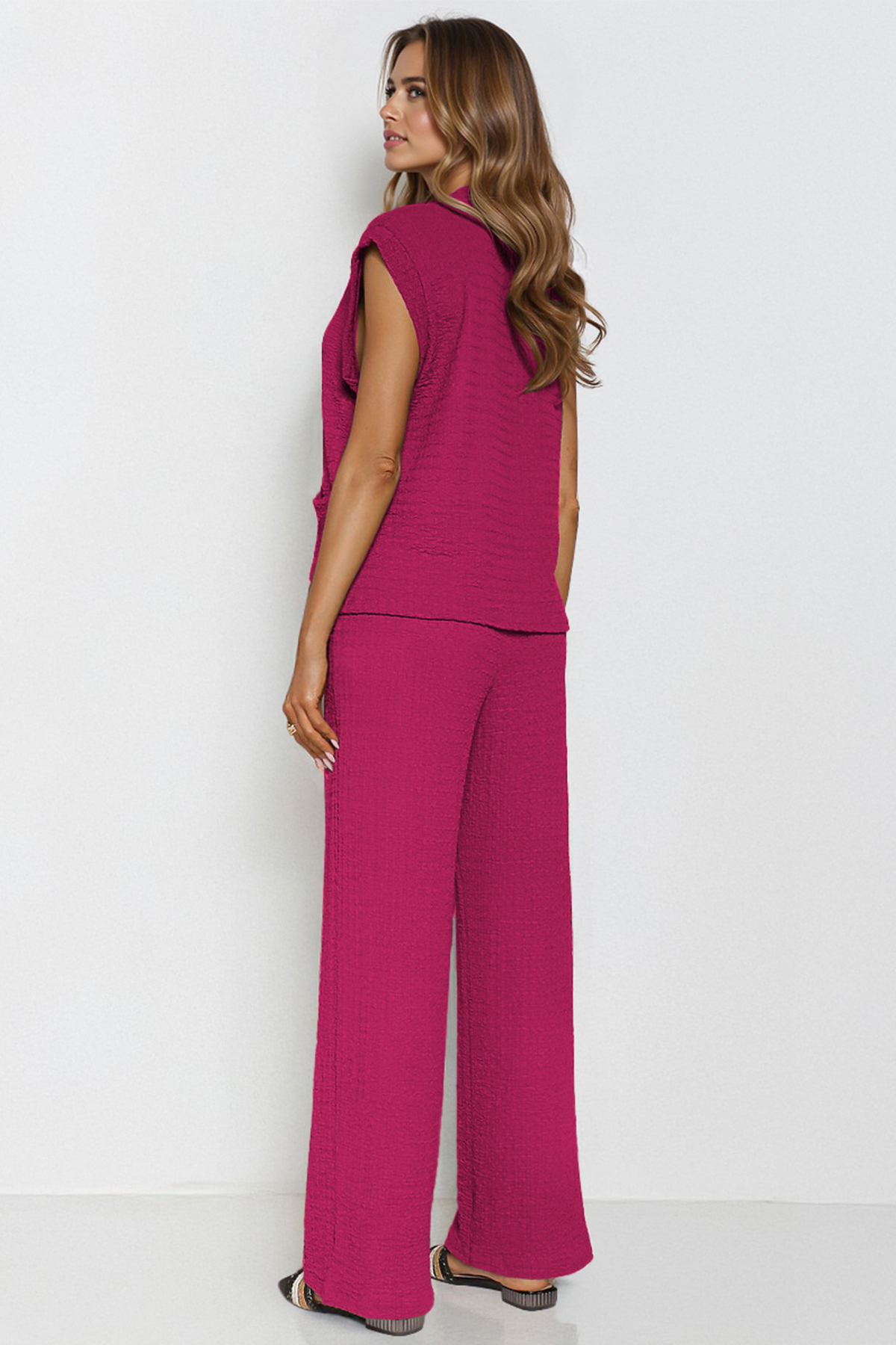 Versatile V Neck Gold-Toned Button Decor Loose Tank Top & Wide Leg Trousers Co-ord
