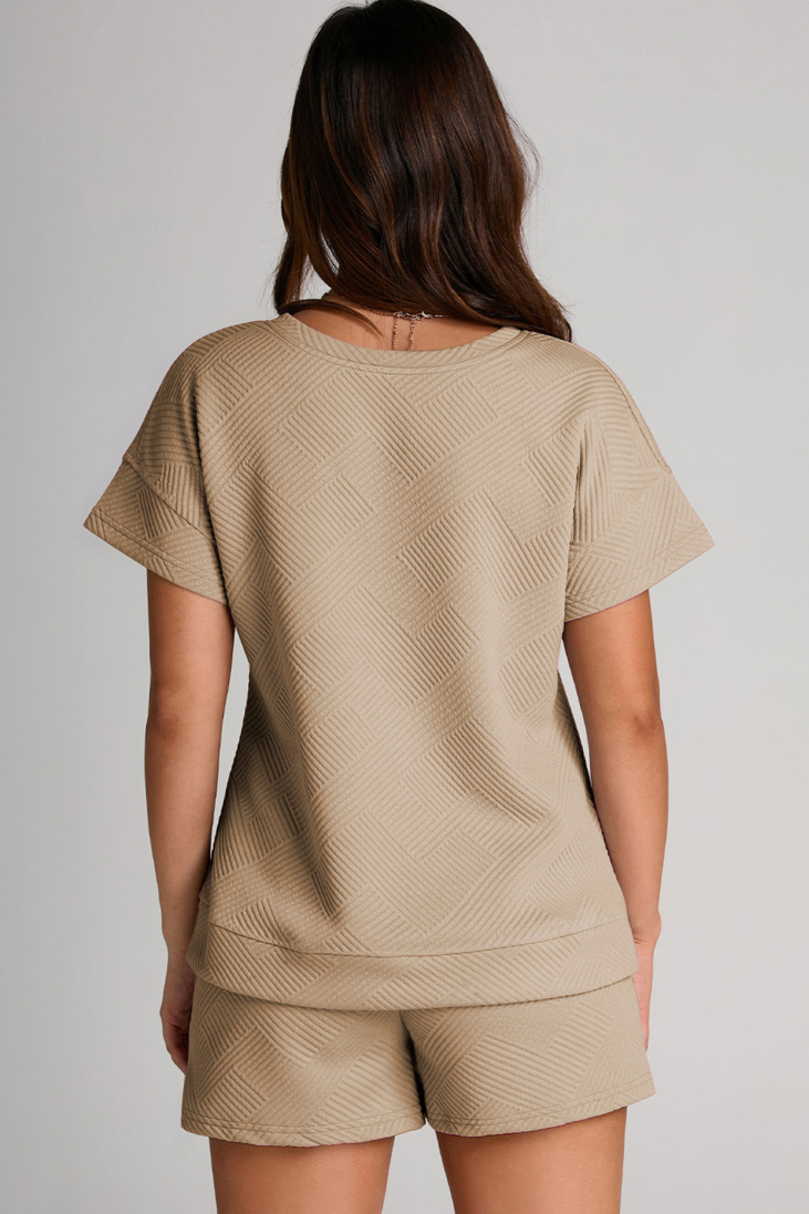 Leisure Textured Short Sleeve Loose Top & Drawstring Shorts Co-ord