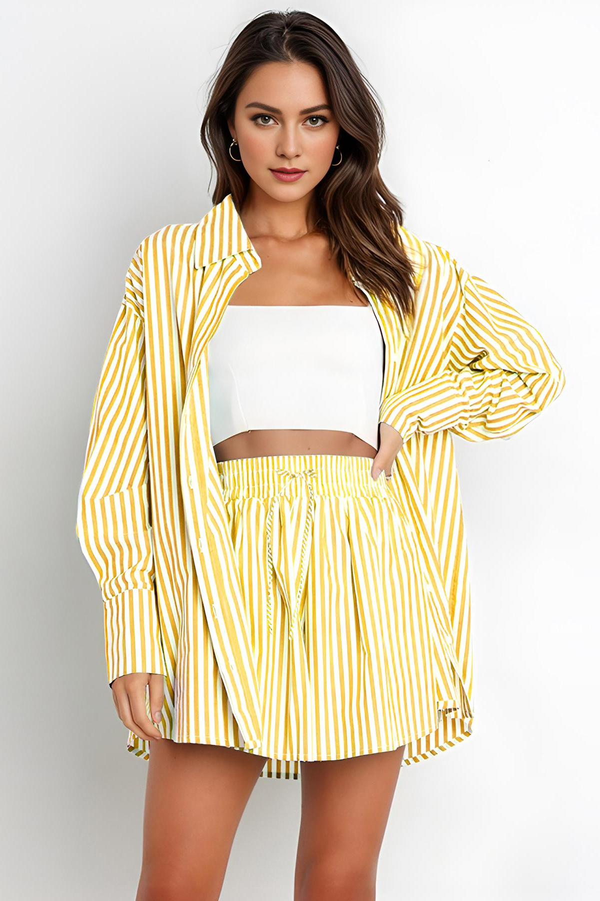 Casual Stripe Collared Button-Up Long Sleeve Shirt & Drawstring Waist Shorts Co-ord