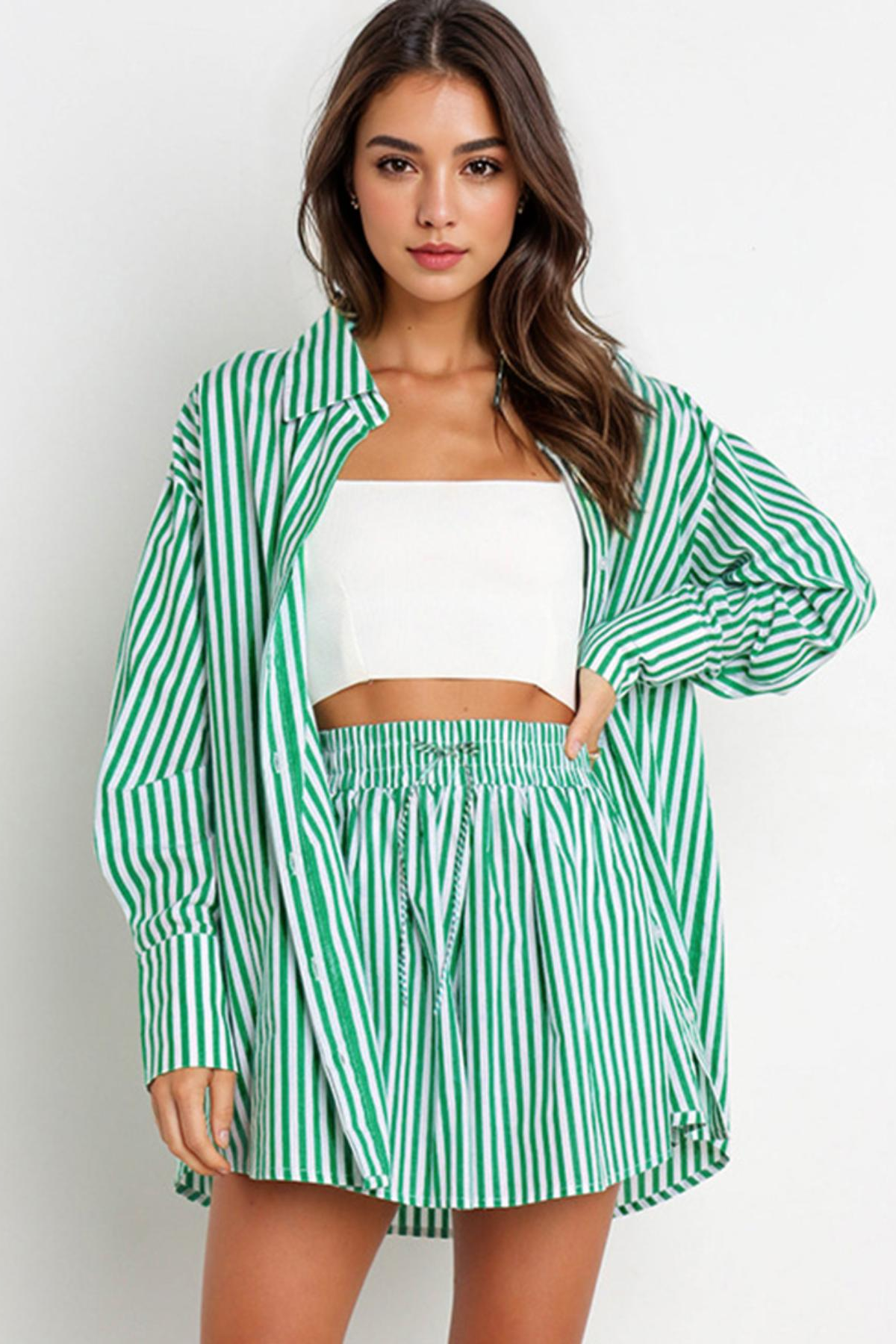 Casual Stripe Collared Button-Up Long Sleeve Shirt & Drawstring Waist Shorts Co-ord
