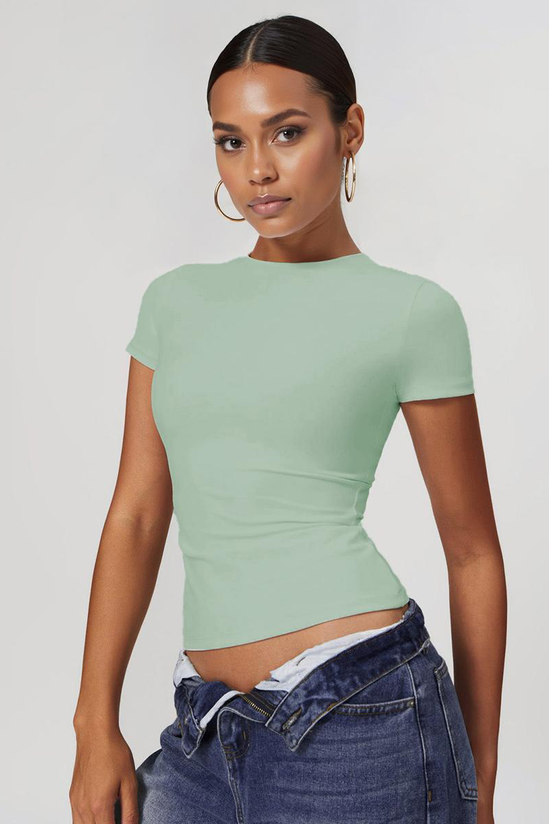 Sports Solid Color Round Neck Short Sleeve Slim Top