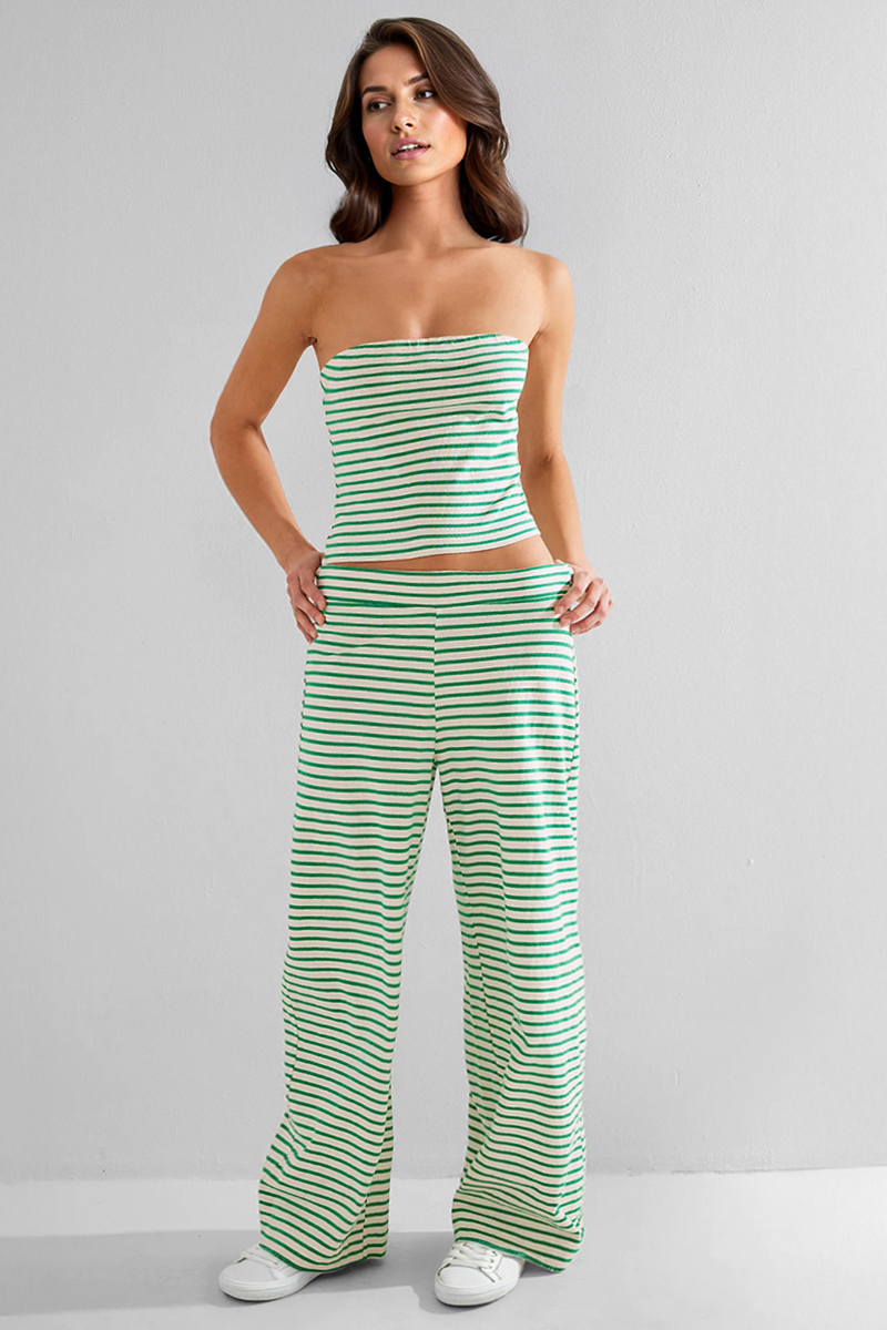 Chic Color Matching Stripe Slim Tube Top & Low-Rise Wide Leg Trousers Co-ord
