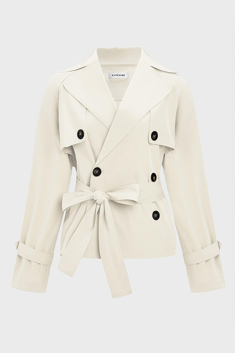 Casual Notch Lapel Double Breasted Waist Tie Trench Coat