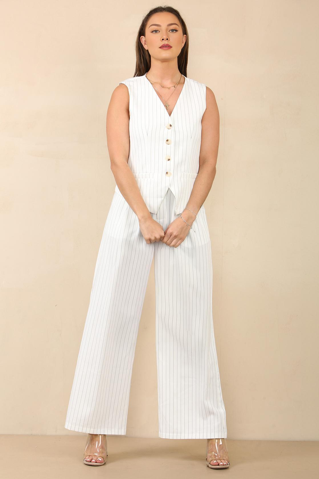 Classy V Neck Button Tank Top & Wide Leg Trousers Co-ord