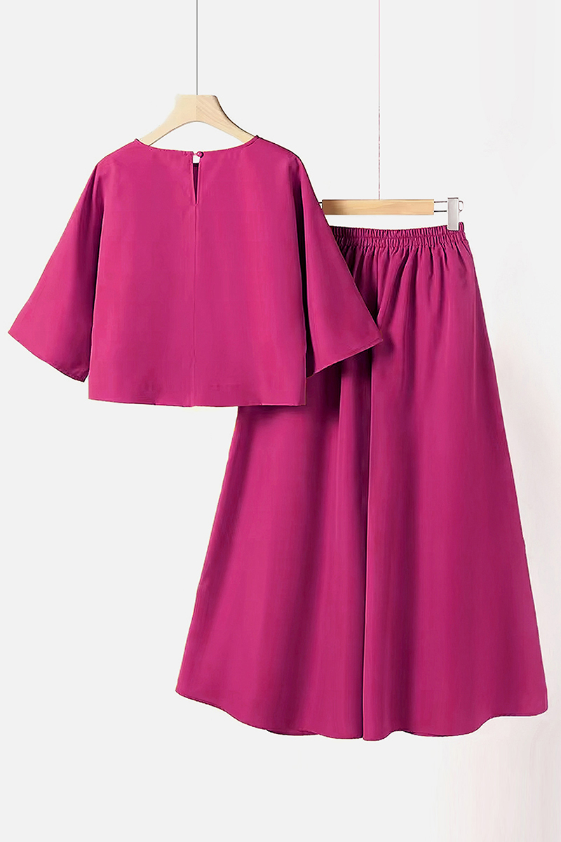 Elegant Half Sleeve Loose Crop Top & Plicated Wide Leg Trousers Co-ord