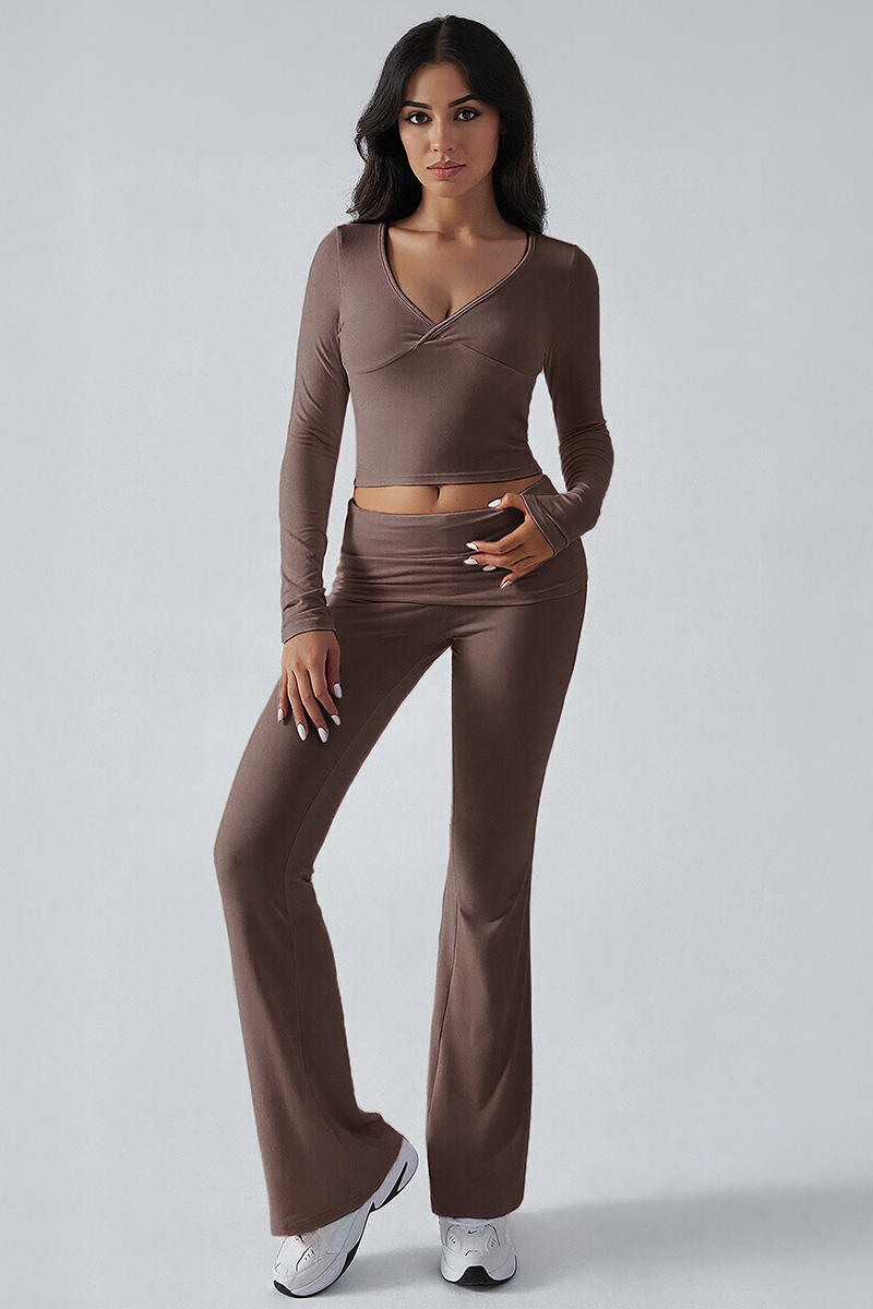 Elegant V Neck Long Sleeve Crop Top & Shirred Waist Wide Leg Trousers Co-ord