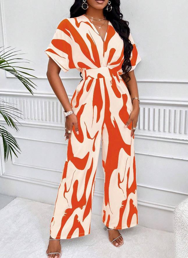 Trendy V-Neck Allover Print Thin Waist Wide Leg Jumpsuit-KATCH ME