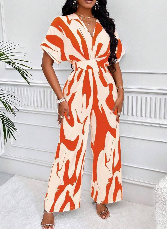 Trendy V-Neck Allover Print Thin Waist Wide Leg Jumpsuit-KATCH ME