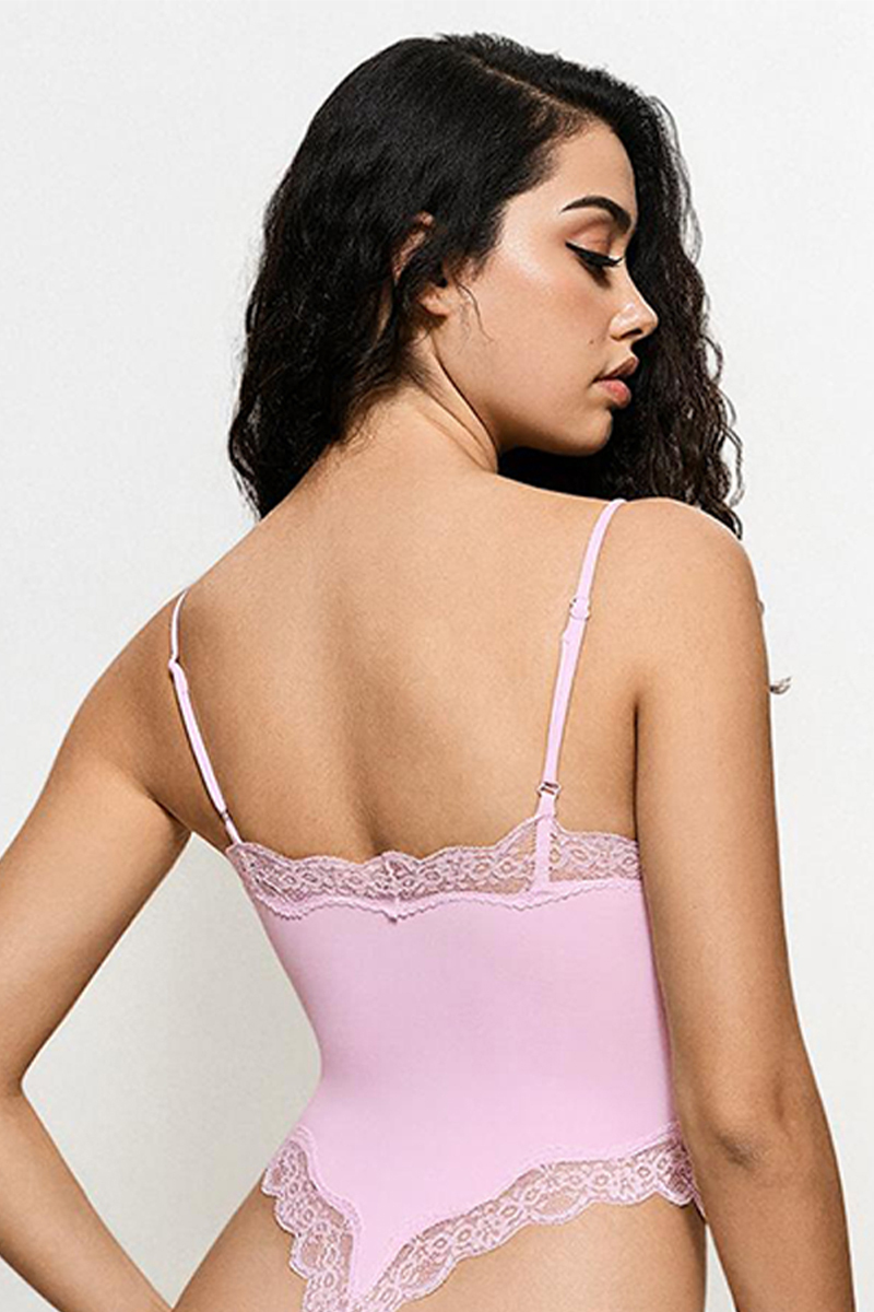 Sexy Solid Color Spaghetti Strap Lace Trim Stretch Bodysuit-KATCH ME