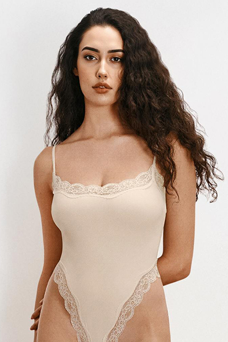 Sexy Solid Color Spaghetti Strap Lace Trim Stretch Bodysuit-KATCH ME