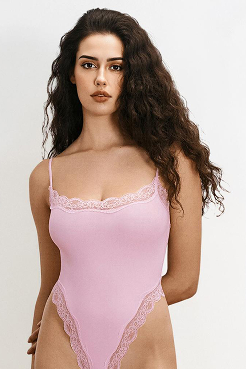 Sexy Solid Color Spaghetti Strap Lace Trim Stretch Bodysuit-KATCH ME