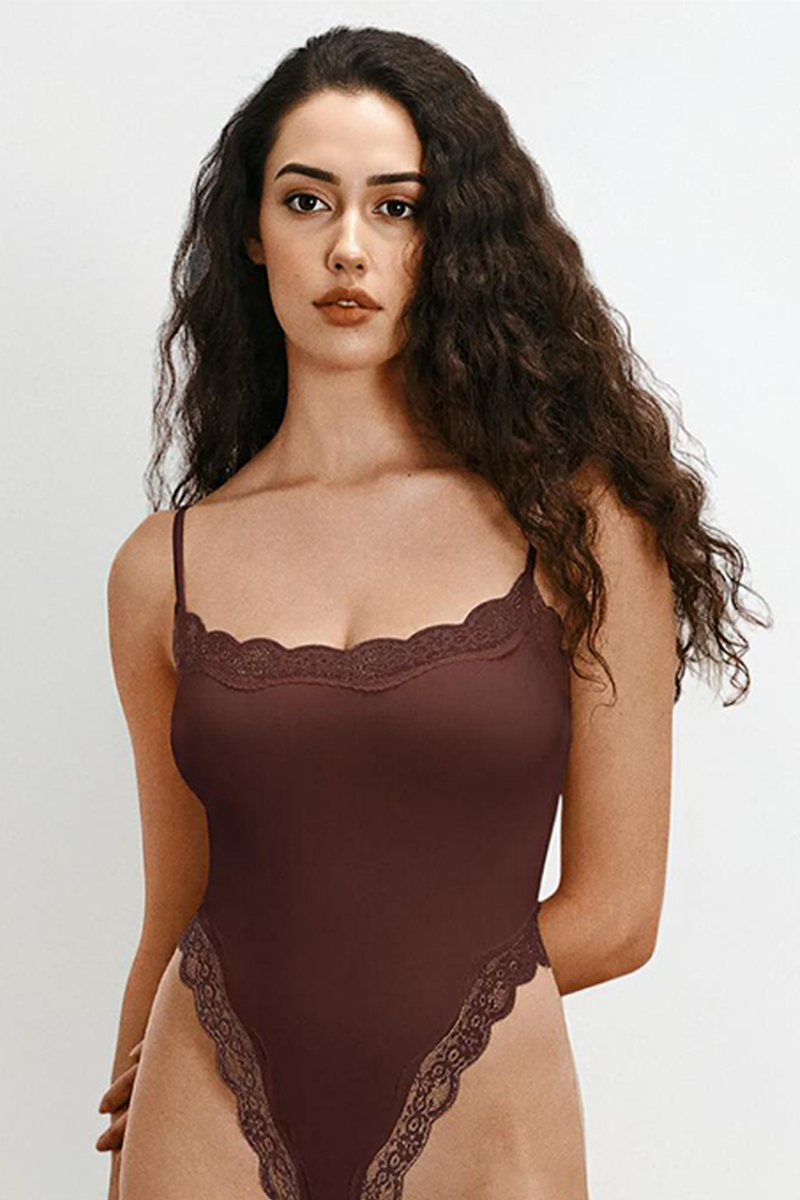 Sexy Solid Color Spaghetti Strap Lace Trim Stretch Bodysuit-KATCH ME