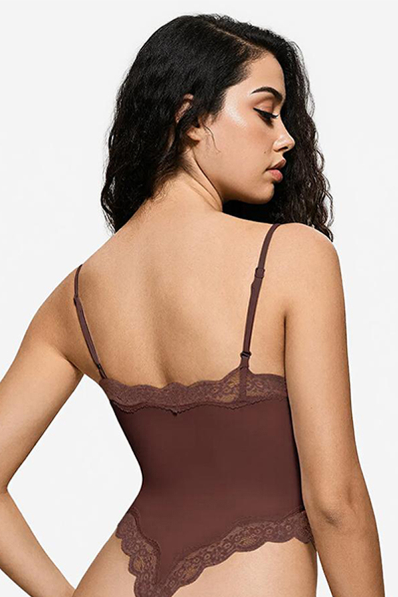 Sexy Solid Color Spaghetti Strap Lace Trim Stretch Bodysuit-KATCH ME