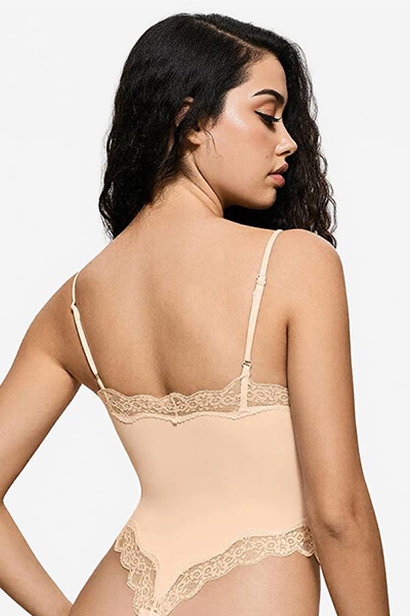 Sexy Solid Color Spaghetti Strap Lace Trim Stretch Bodysuit-KATCH ME