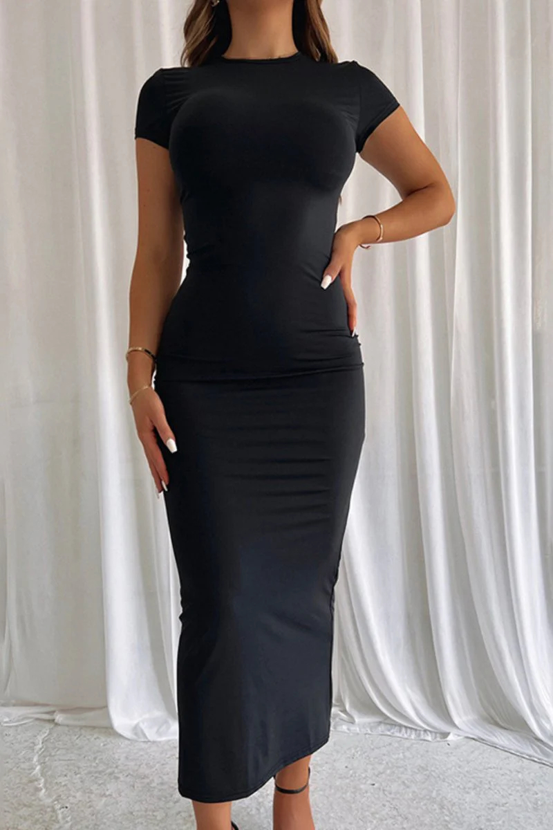 Summer Plain Round Neck Short Sleeve Bodycon Maxi Dress-KATCH ME