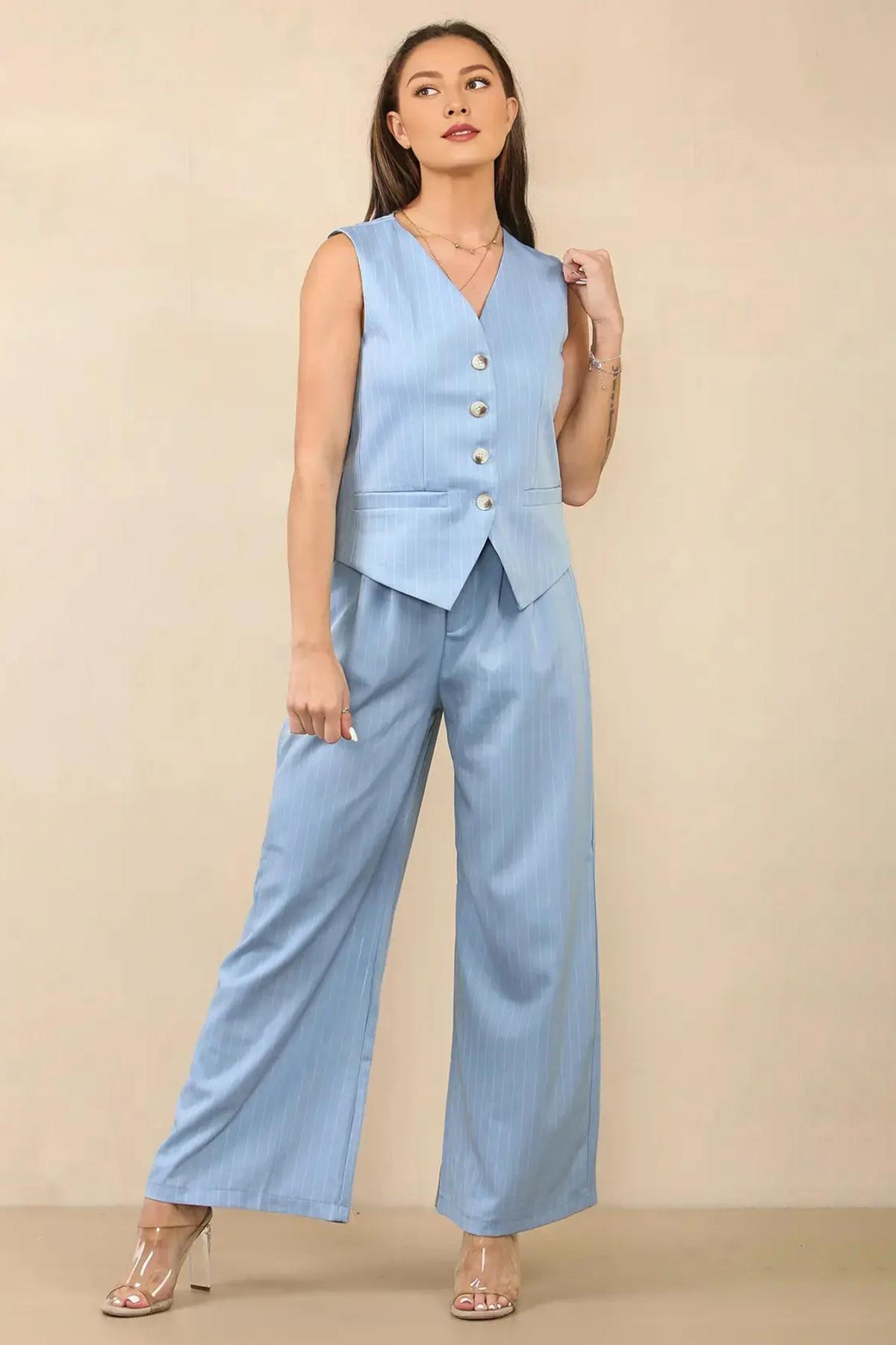 Classy V Neck Button Tank Top & Wide Leg Trousers Co-ord-KATCH ME
