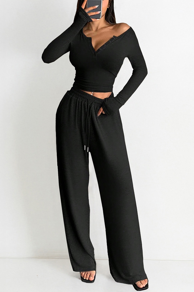 Leisure Partial Button Long Sleeve Slim Top & Loose Trousers Co-ord-KATCH ME
