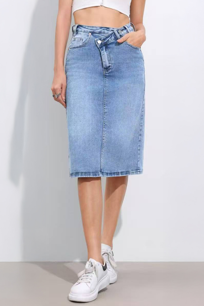 Versatile High Waist Multi-Pocket Asymmetric Button Denim Skirt-KATCH ME